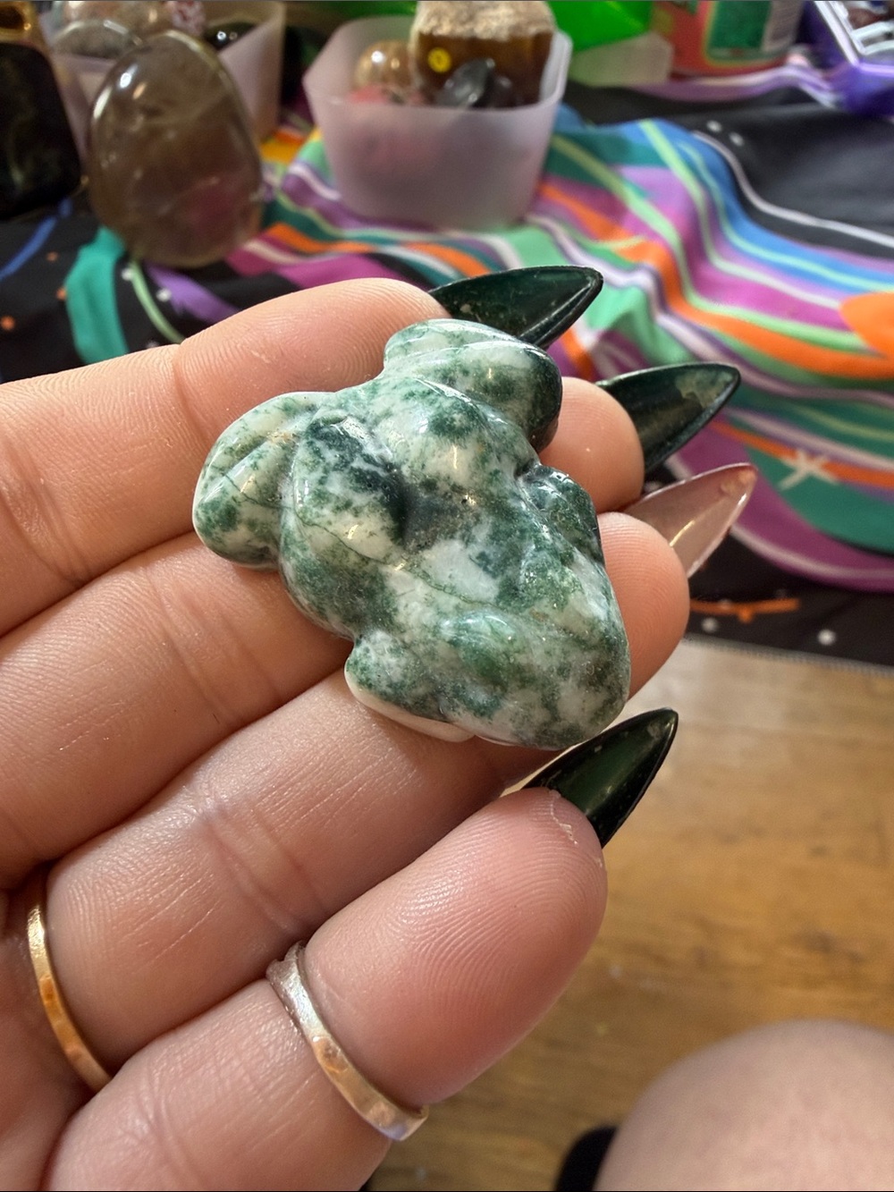 Moss agate frog Stone Figurine - hand crafted- mini